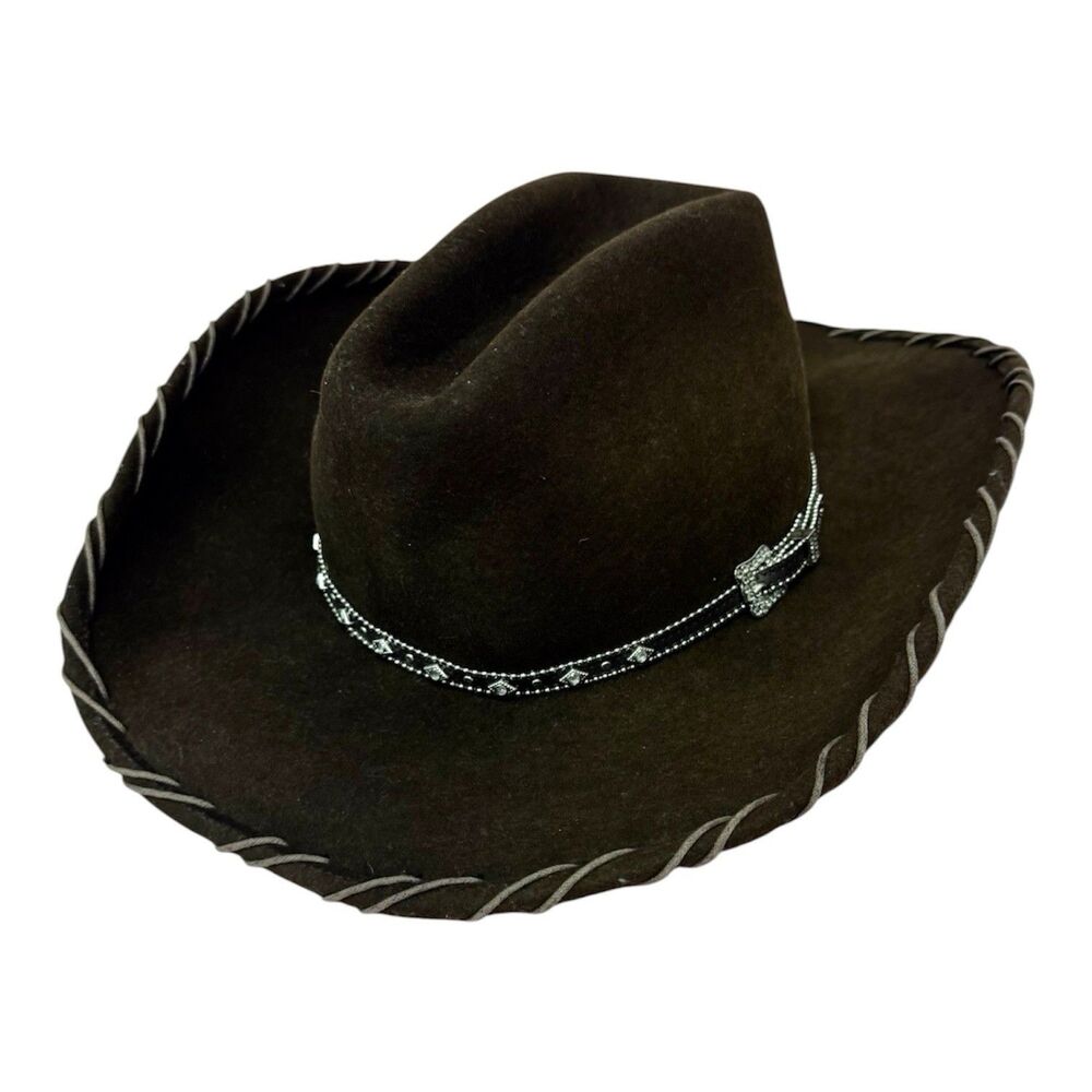 (A7) Scala Womens Brown Wool Felt Western Cowboy Hat Rhinestone Buckle Band L/XL